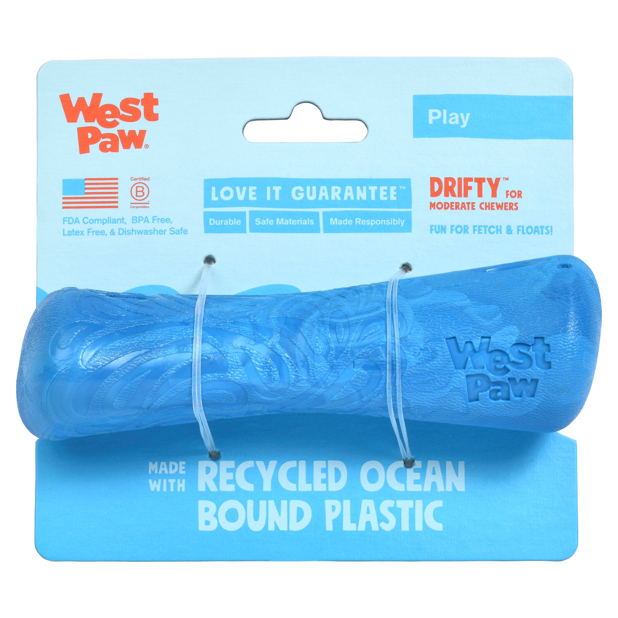 Drifty is a durable stick/bone shaped toy that is best suited for dogs who like to chew or play fetch. The bulbous ends provide the perfect chunky chew zone and the shape makes it easy for dogs to carry around. Toy floats in water and has an ocean-inspired texture.