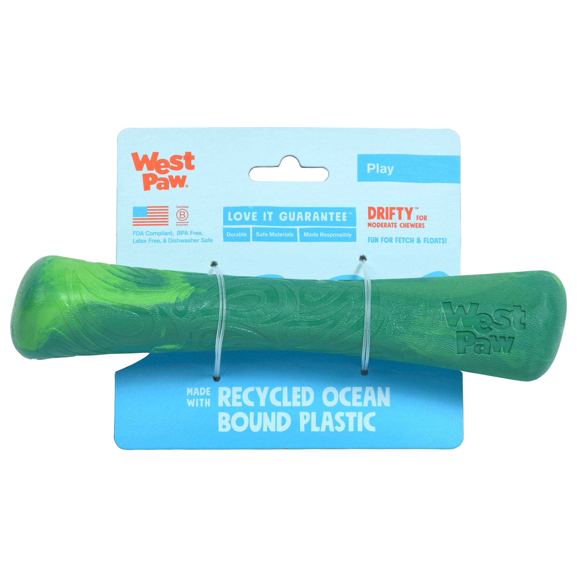 Drifty is a durable stick/bone shaped toy that is best suited for dogs who like to chew or play fetch. The bulbous ends provide the perfect chunky chew zone and the shape makes it easy for dogs to carry around. Toy floats in water and has an ocean-inspired texture.