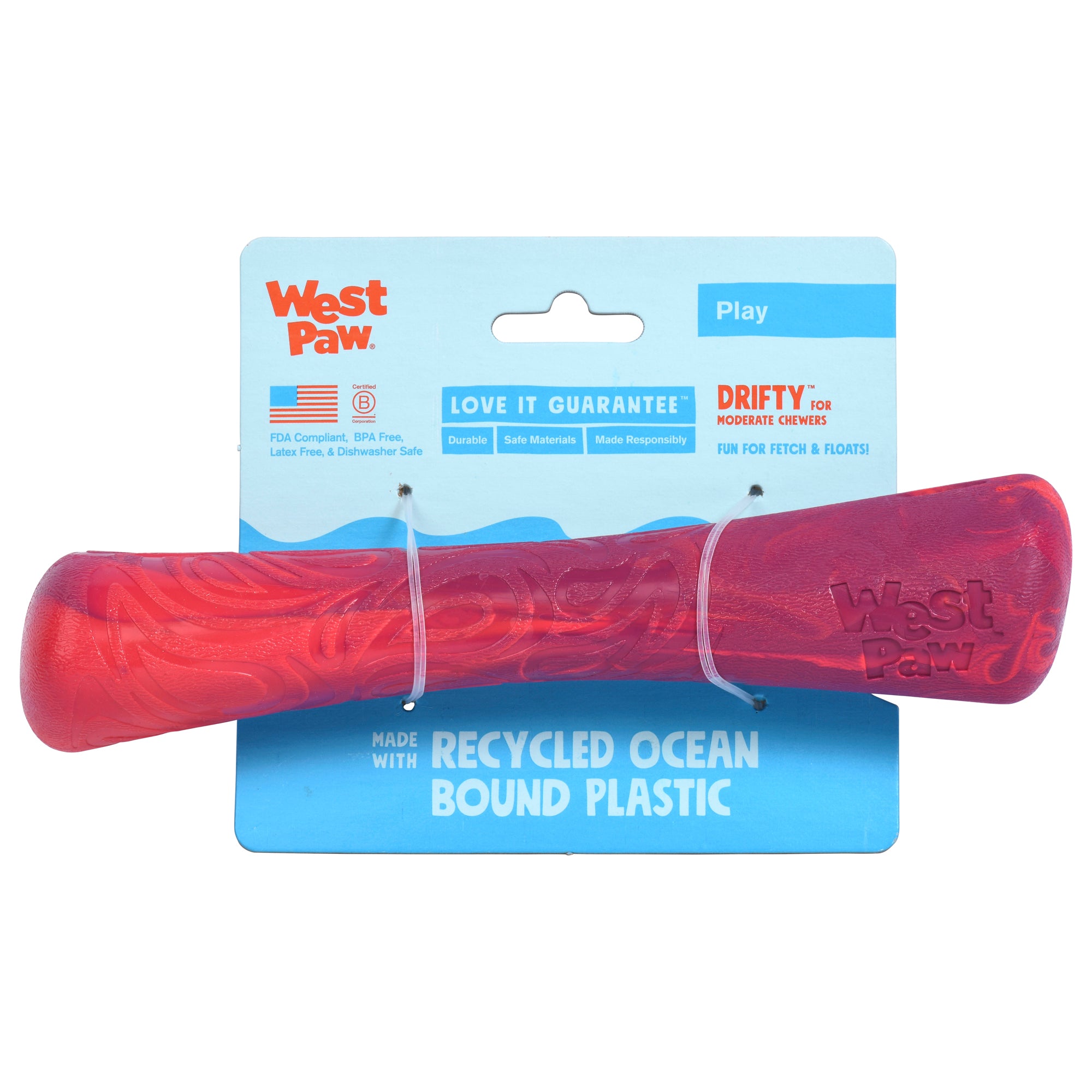 Drifty is a durable stick/bone shaped toy that is best suited for dogs who like to chew or play fetch. The bulbous ends provide the perfect chunky chew zone and the shape makes it easy for dogs to carry around. Toy floats in water and has an ocean-inspired texture.