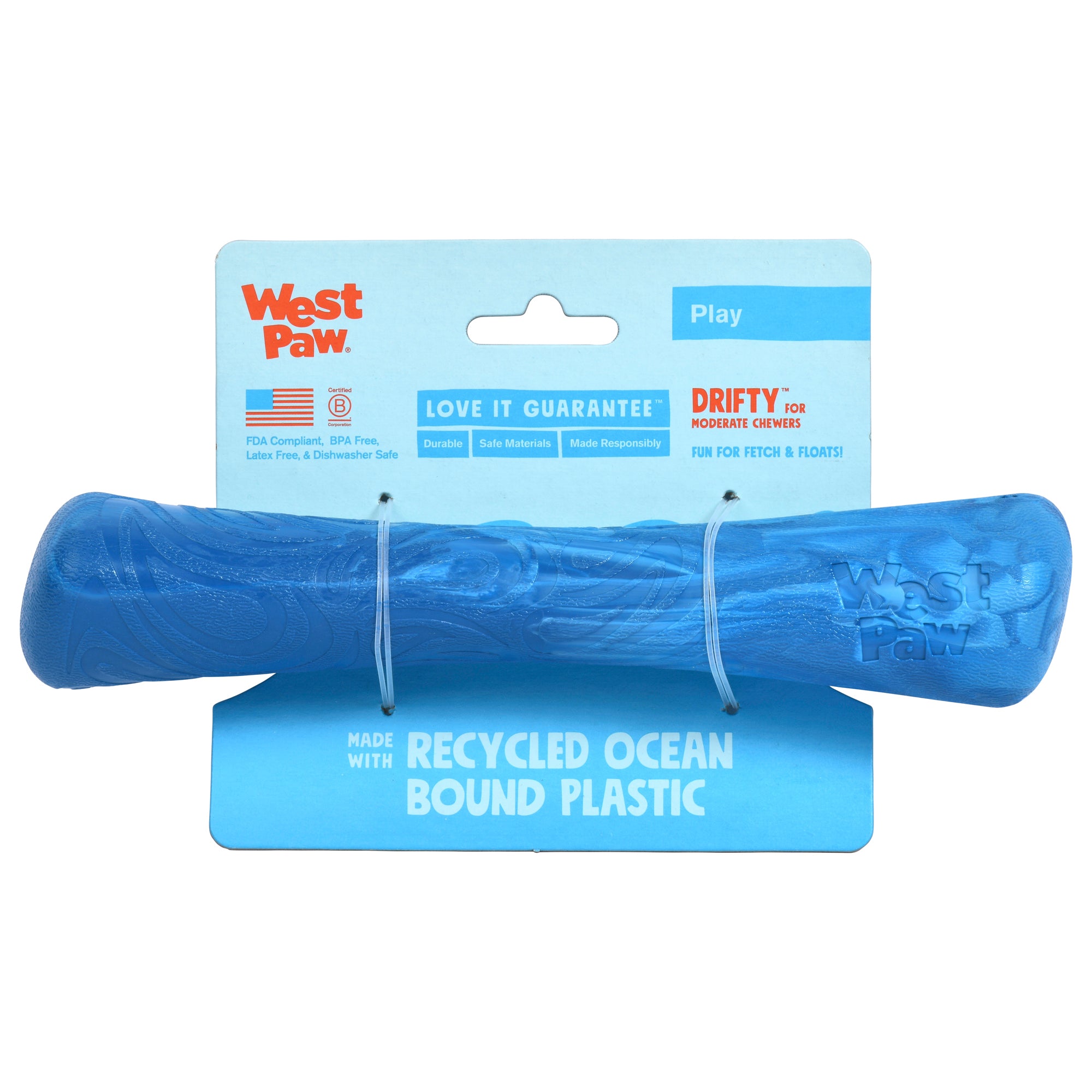 Drifty is a durable stick/bone shaped toy that is best suited for dogs who like to chew or play fetch. The bulbous ends provide the perfect chunky chew zone and the shape makes it easy for dogs to carry around. Toy floats in water and has an ocean-inspired texture.