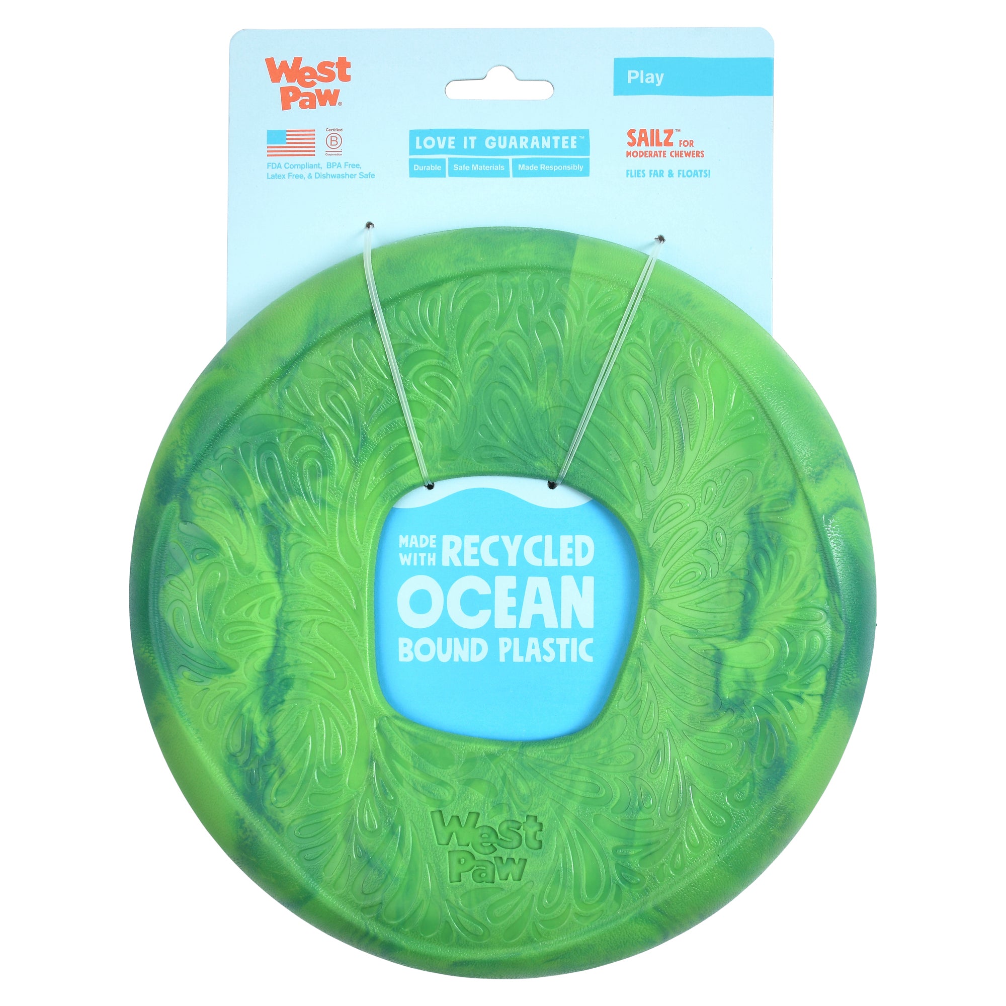 Sailz is a durable and lightweight frisbee that flies far and fast. The center grip hole makes it easy for dogs to pick up and carry around. Toy is made of pliable material that is gentle on dog teeth and gums. Designed for interactive play, and perfect for dogs who love to run. Toy floats in water and has an ocean-inspired texture.