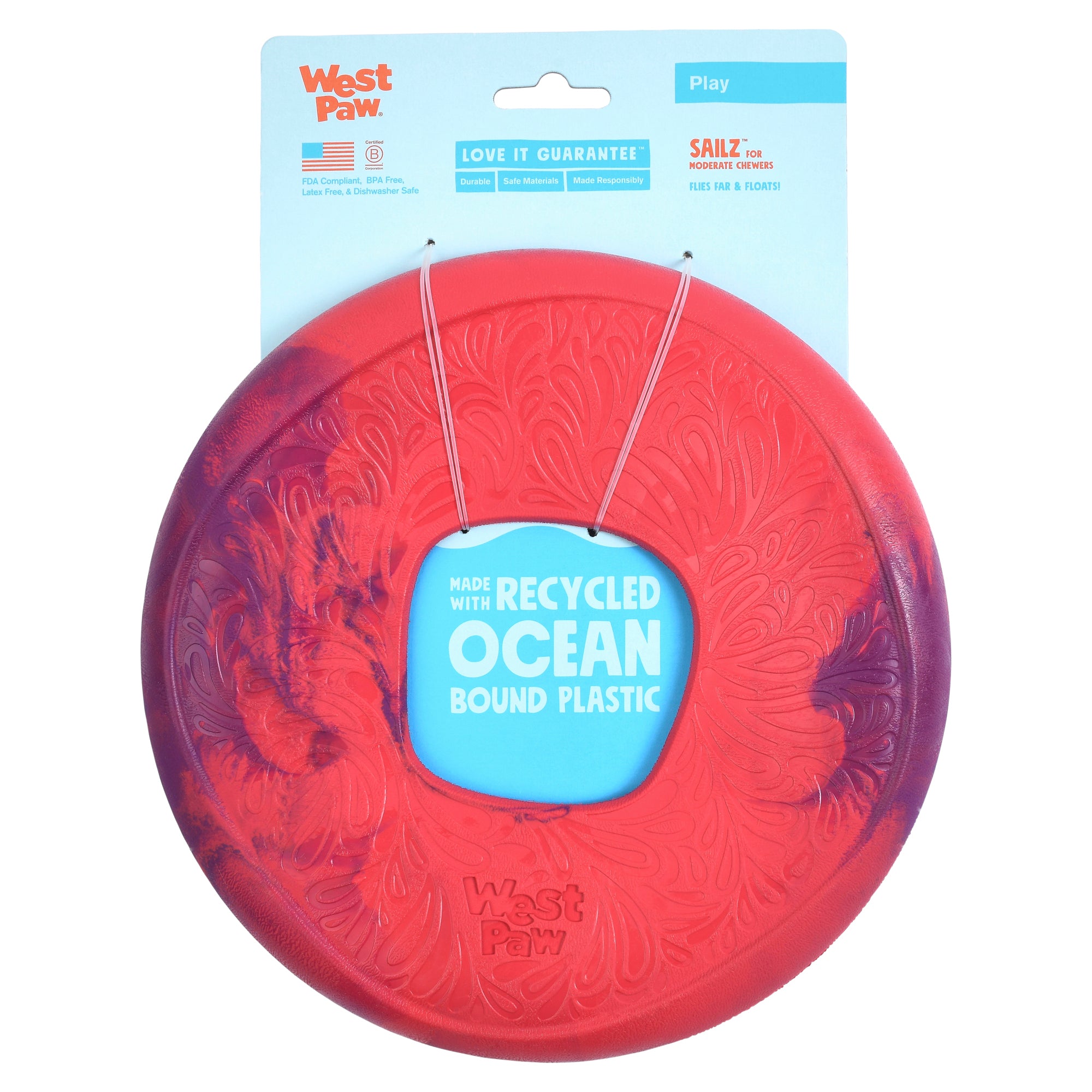 Sailz is a durable and lightweight frisbee that flies far and fast. The center grip hole makes it easy for dogs to pick up and carry around. Toy is made of pliable material that is gentle on dog teeth and gums. Designed for interactive play, and perfect for dogs who love to run. Toy floats in water and has an ocean-inspired texture.