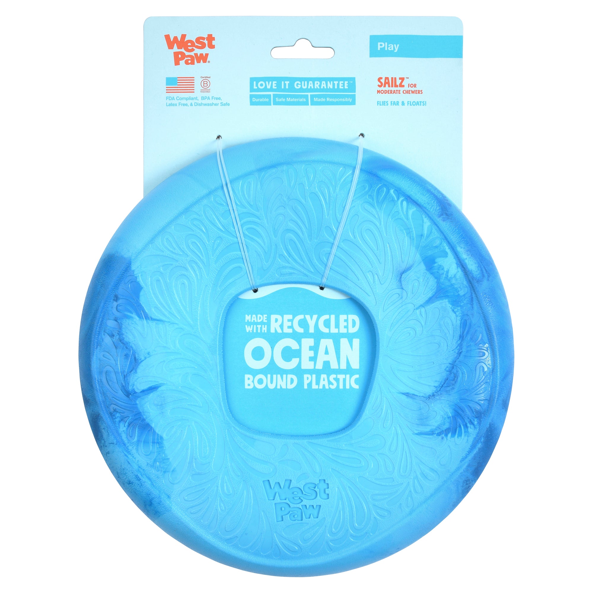 Sailz is a durable and lightweight frisbee that flies far and fast. The center grip hole makes it easy for dogs to pick up and carry around. Toy is made of pliable material that is gentle on dog teeth and gums. Designed for interactive play, and perfect for dogs who love to run. Toy floats in water and has an ocean-inspired texture.