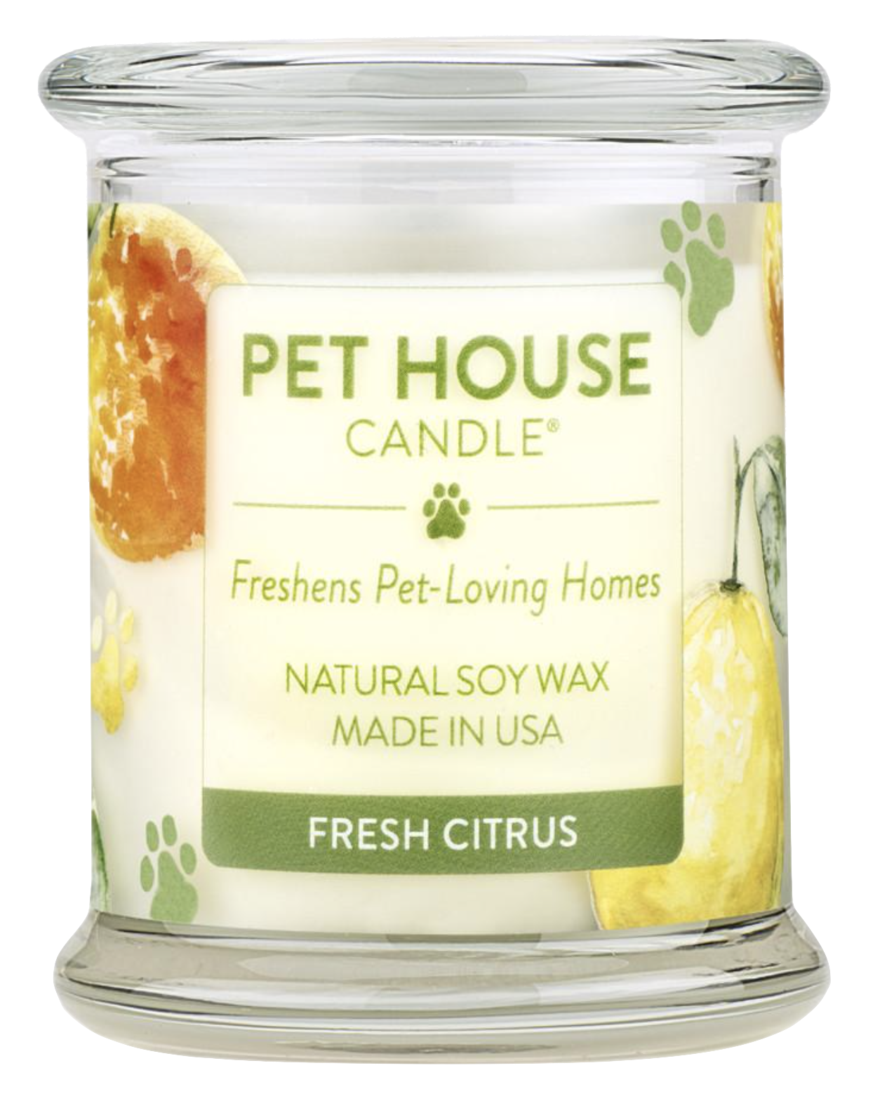 Pet House candles are hand-poured, and made from 100% natural, dye-free soy wax. Comes in an 8.5 oz. glass jar. Fragrance profile is a sparkling blend of fresh orange, lemon peel, and sweet vanilla sugar.