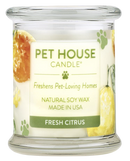 Pet House candles are hand-poured, and made from 100% natural, dye-free soy wax. Comes in an 8.5 oz. glass jar. Fragrance profile is a sparkling blend of fresh orange, lemon peel, and sweet vanilla sugar.