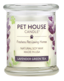 Pet House candles are hand-poured, and made from 100% natural, dye-free soy wax. Comes in an 8.5 oz. glass jar. Fragrance profile is a soothing aroma of French lavender, green tea, white lily, citrus, melon, and sage.