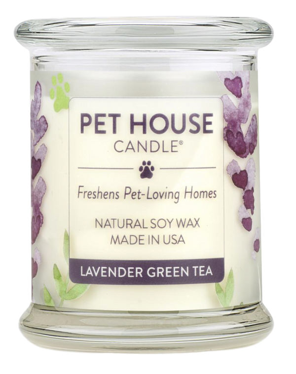 Pet House candles are hand-poured, and made from 100% natural, dye-free soy wax. Comes in an 8.5 oz. glass jar. Fragrance profile is a soothing aroma of French lavender, green tea, white lily, citrus, melon, and sage.