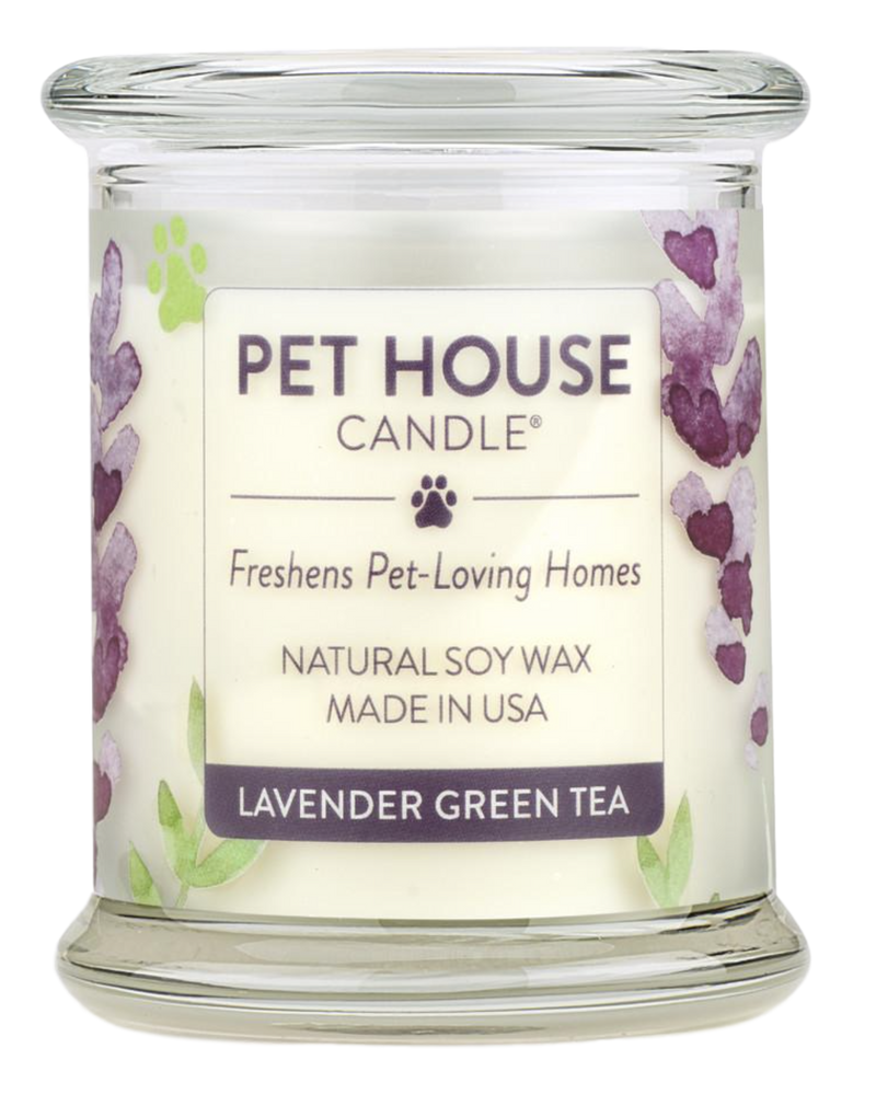 Pet House candles are hand-poured, and made from 100% natural, dye-free soy wax. Comes in an 8.5 oz. glass jar. Fragrance profile is a soothing aroma of French lavender, green tea, white lily, citrus, melon, and sage.