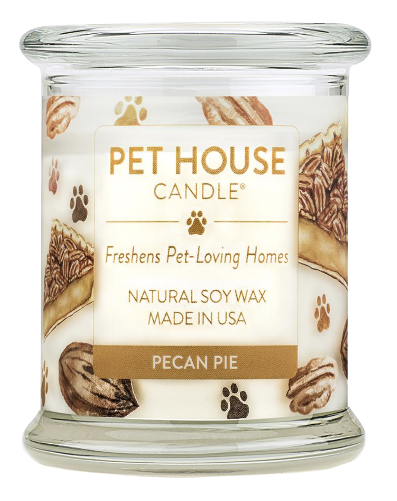 Pet House candles are hand-poured, and made from 100% natural, dye-free soy wax. Comes in an 8.5 oz. glass jar. Fragrance profile is a scrumptious blend of nutty pecans, sweet maple, toasted coconut, hint of vanilla, and buttery pie crust.