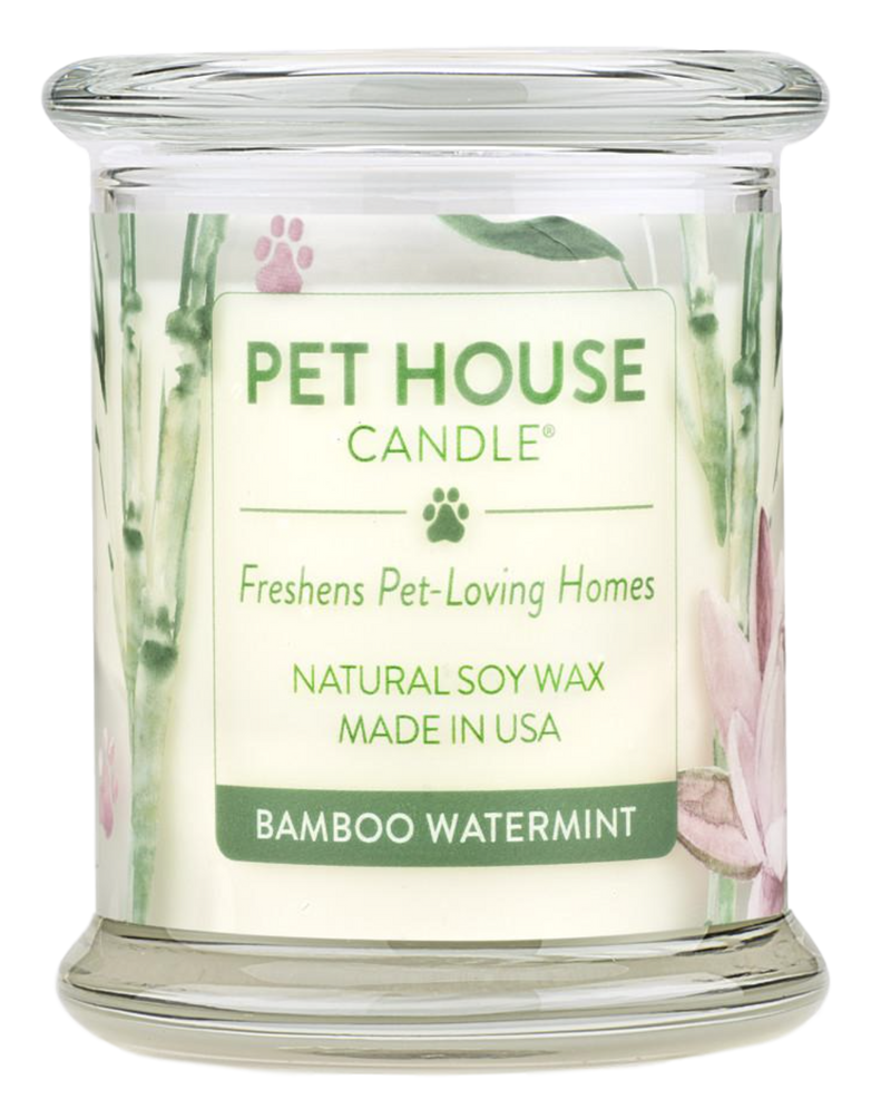 Pet House candles are hand-poured, and made from 100% natural, dye-free soy wax. Comes in an 8.5 oz. glass jar. Fragrance profile is a fresh blend of bamboo, water flowers, lemon, lime, and peppermint.
