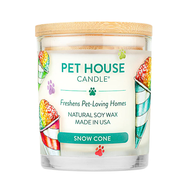 Pet House candles are hand-poured, and made from 100% natural, dye-free soy wax. Comes in a 9 oz. glass jar. Fragrance profile is a refreshing blend of sunny lemon, lime, pink grapefruit, fresh-picked berries, sugar cane, and shaved ice. Candle smells exactly like a snow cone you would get at the state fair.