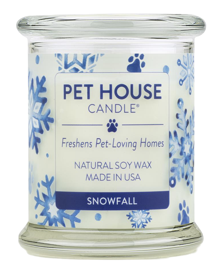 Pet House candles are hand-poured, and made from 100% natural, dye-free soy wax. Comes in an 8.5 oz. glass jar. Fragrance profile is a light winter blend of eucalyptus and spearmint, with notes of fir needles and sandalwood.