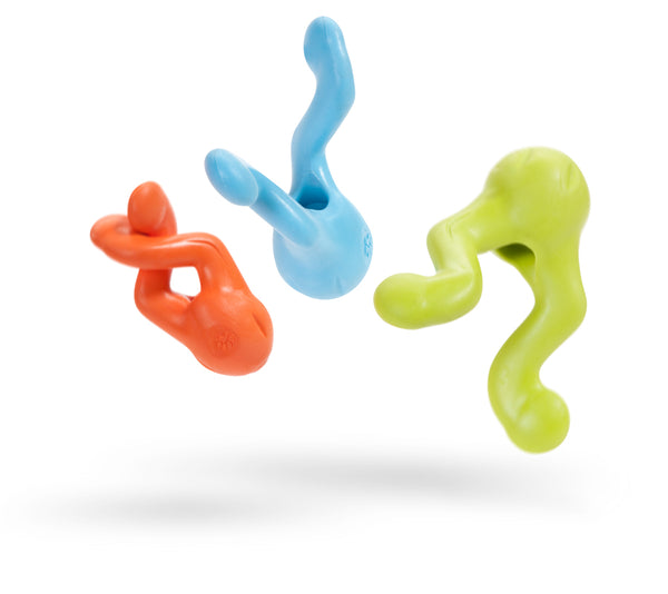 Tizzi is a cleverly designed treat toy that has multiple functions. Stuff the compartment with treats, and twist the handles together to keep your dog working to release the treats. The unique shape makes Tizzi fun to tug, shake, or fetch. The aerodynamic shape allows it fly further than typical treat toys.