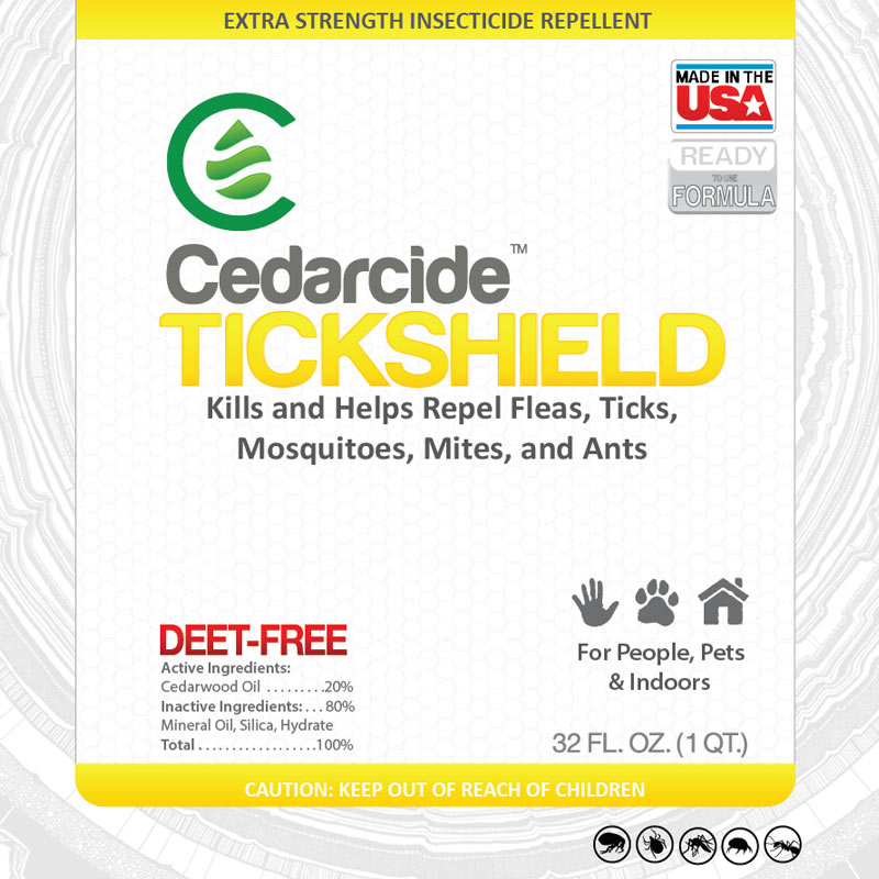 Cedarcide Tickshield is a natural pest repellent that is safe for use indoors and on people and larger pets.