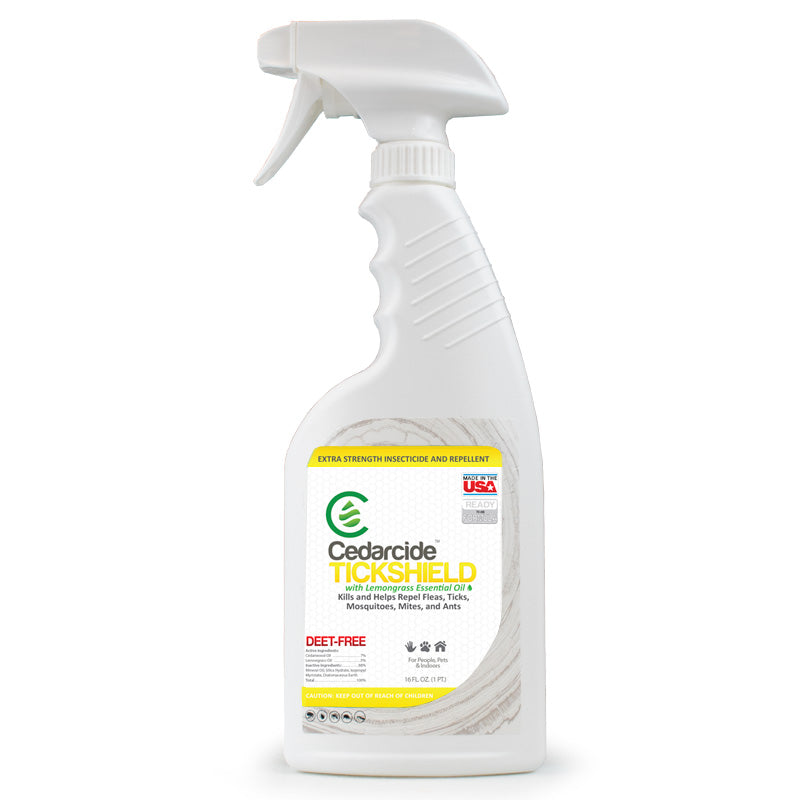 Cedarcide Tickshield with lemongrass is a natural pest repellent that is safe for use indoors and on people and larger pets.