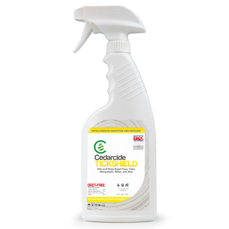 Cedarcide Tickshield is a natural pest repellent that is safe for use indoors and on people and larger pets.