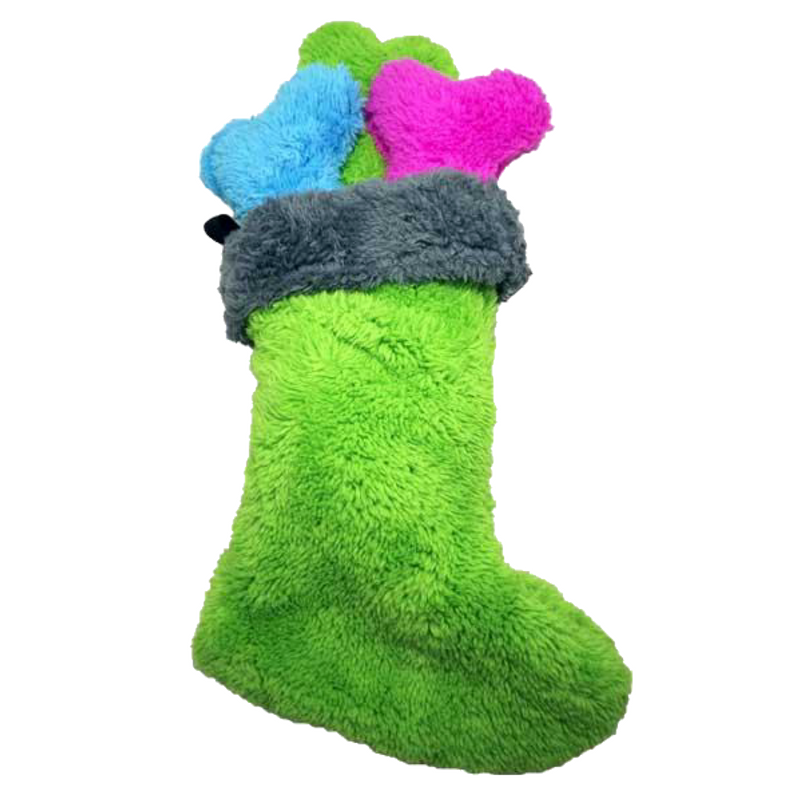 Four gifts in one neat little package. Your dog will receive the Duraplush Christmas Stocking and 3 medium size Duraplush Bones. This durable and soft dog toy is eco-friendly and made in the USA. It features a Duraplush 2-ply bonded outer material, Stitchguard internal seams, and eco-fill recycled filling.