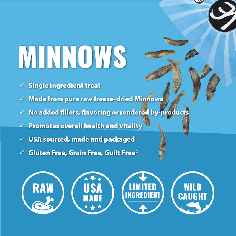 Vital Essentials Minnows are freeze-dried whole minnows. These high-value, smelly fish snacks are perfect for training, and can be enjoyed by dogs and cats.