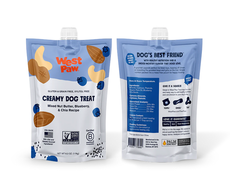 A healthy gourmet upgrade perfect for sneaking into treat toys, dressing up dinner, or rewarding the goodest boys and girls on the trail. Simple nutrition packed into a mess-free pouch for happy treating.