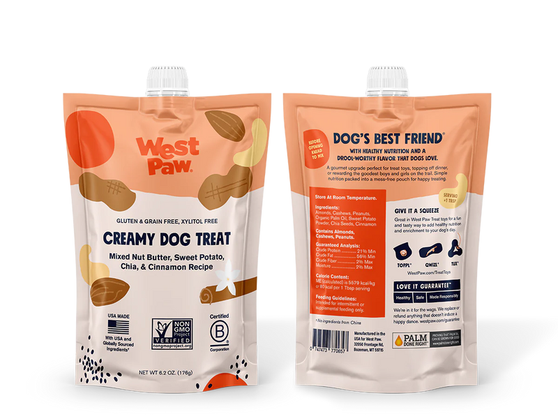 A healthy gourmet upgrade perfect for sneaking into treat toys, dressing up dinner, or rewarding the goodest boys and girls on the trail. Simple nutrition packed into a mess-free pouch for happy treating.