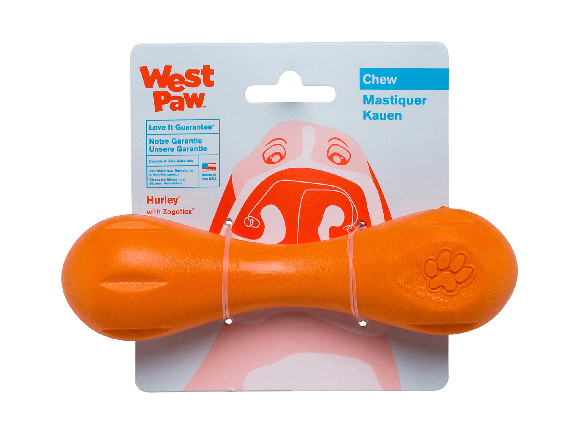 Hurley is extremely durable and made for dogs of all sizes. It is best suited for those that like to chew or play fetch (especially in water). The classic bone shape make Hurley easy for dogs to carry around, and the bright colors make it easy to spot both indoors and outdoors.