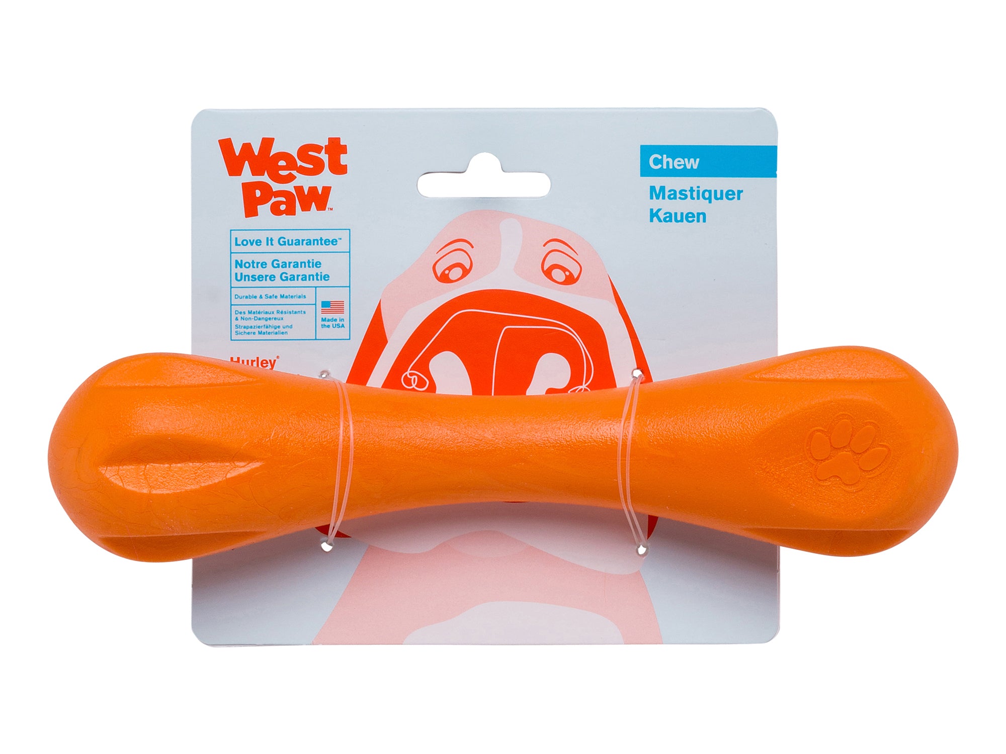 Hurley is extremely durable and made for dogs of all sizes. It is best suited for those that like to chew or play fetch (especially in water). The classic bone shape make Hurley easy for dogs to carry around, and the bright colors make it easy to spot both indoors and outdoors.