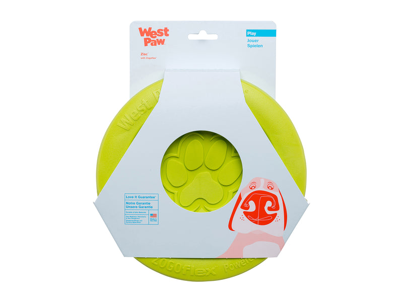 Zisc is a lightweight, high-flying, and durable frisbee. Toy floats and flies far. Frisbee is soft and pliable, making it gentle on dog teeth and gums. Built for gentle chewers and made from Zogoflex, a bendy, stretchy, and bouncy material that is durable but not rigid. Toys are gentle on your dog's teeth.