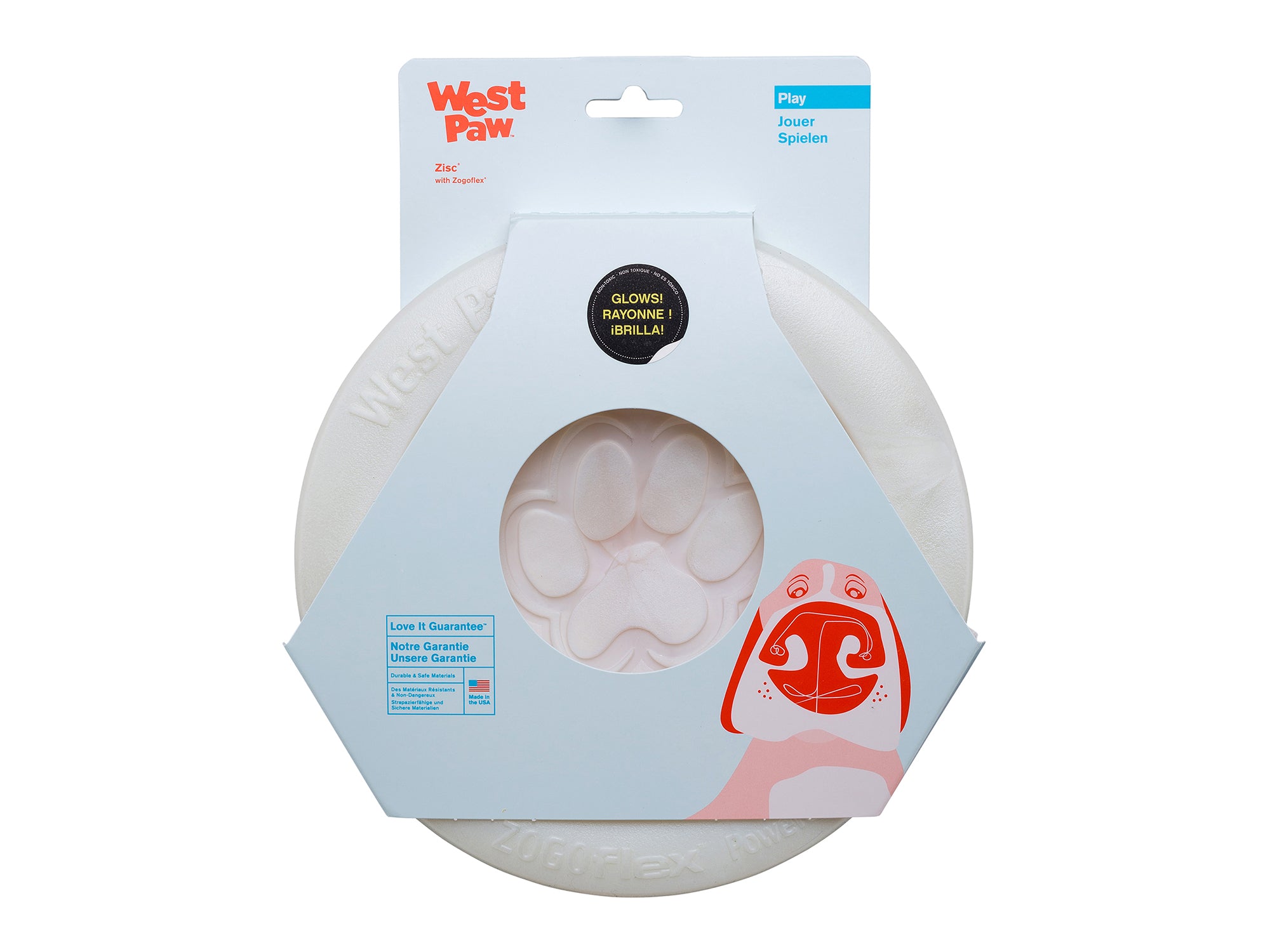Zisc is a lightweight, high-flying, and durable frisbee. Toy floats and flies far. Frisbee is soft and pliable, making it gentle on dog teeth and gums. Built for gentle chewers and made from Zogoflex, a bendy, stretchy, and bouncy material that is durable but not rigid. Toys are gentle on your dog's teeth.