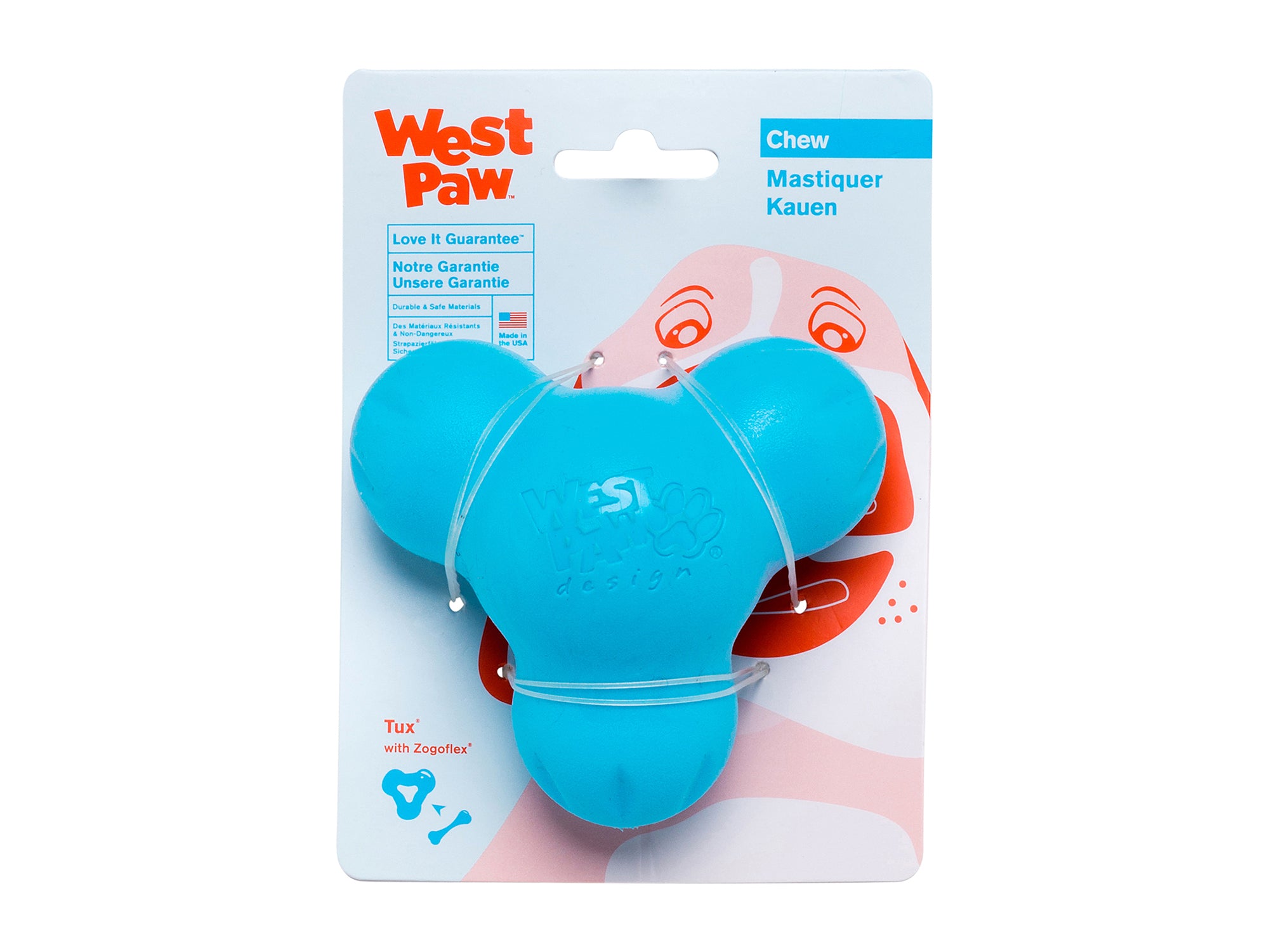 Tux has stood the test of time, and up to some fearsome fangs as West Paw's toughest toy. Dogs love to chew on it, especially when stuffed full of their favorite snacks. Tux is fun to toss, and dogs love its unpredictable bounce during a game of fetch.