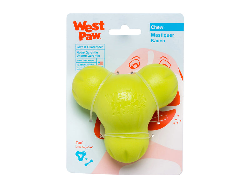 Tux has stood the test of time, and up to some fearsome fangs as West Paw's toughest toy. Dogs love to chew on it, especially when stuffed full of their favorite snacks. Tux is fun to toss, and dogs love its unpredictable bounce during a game of fetch.