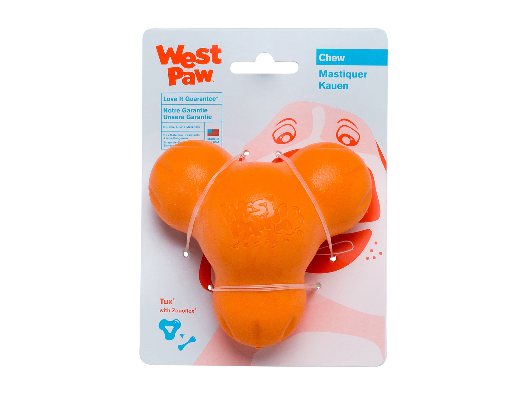 Tux has stood the test of time, and up to some fearsome fangs as West Paw's toughest toy. Dogs love to chew on it, especially when stuffed full of their favorite snacks. Tux is fun to toss, and dogs love its unpredictable bounce during a game of fetch.