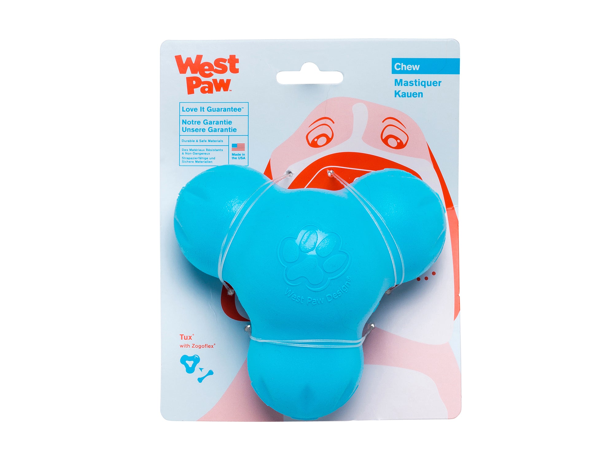 Tux has stood the test of time, and up to some fearsome fangs as West Paw's toughest toy. Dogs love to chew on it, especially when stuffed full of their favorite snacks. Tux is fun to toss, and dogs love its unpredictable bounce during a game of fetch.