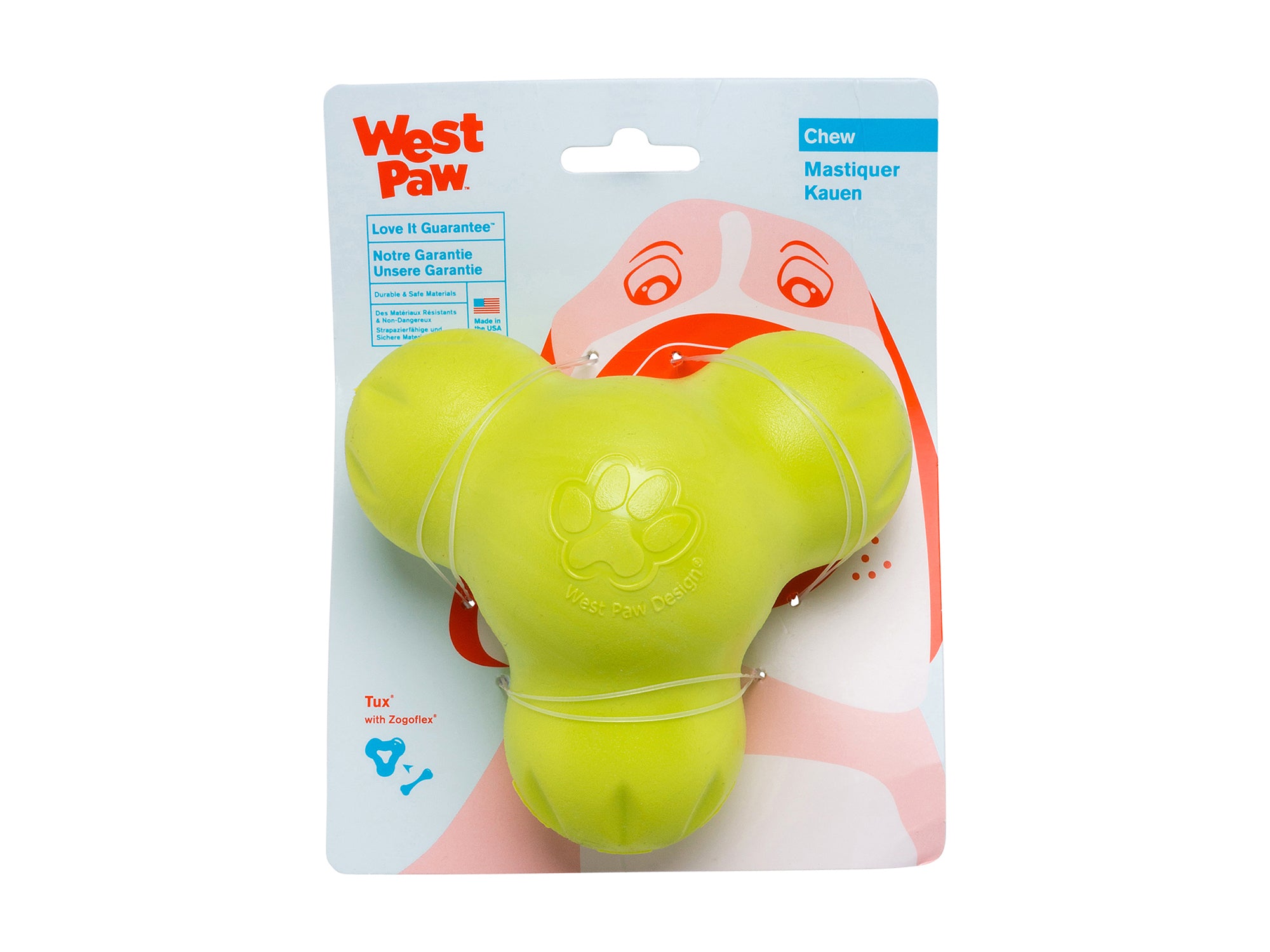 Tux has stood the test of time, and up to some fearsome fangs as West Paw's toughest toy. Dogs love to chew on it, especially when stuffed full of their favorite snacks. Tux is fun to toss, and dogs love its unpredictable bounce during a game of fetch.