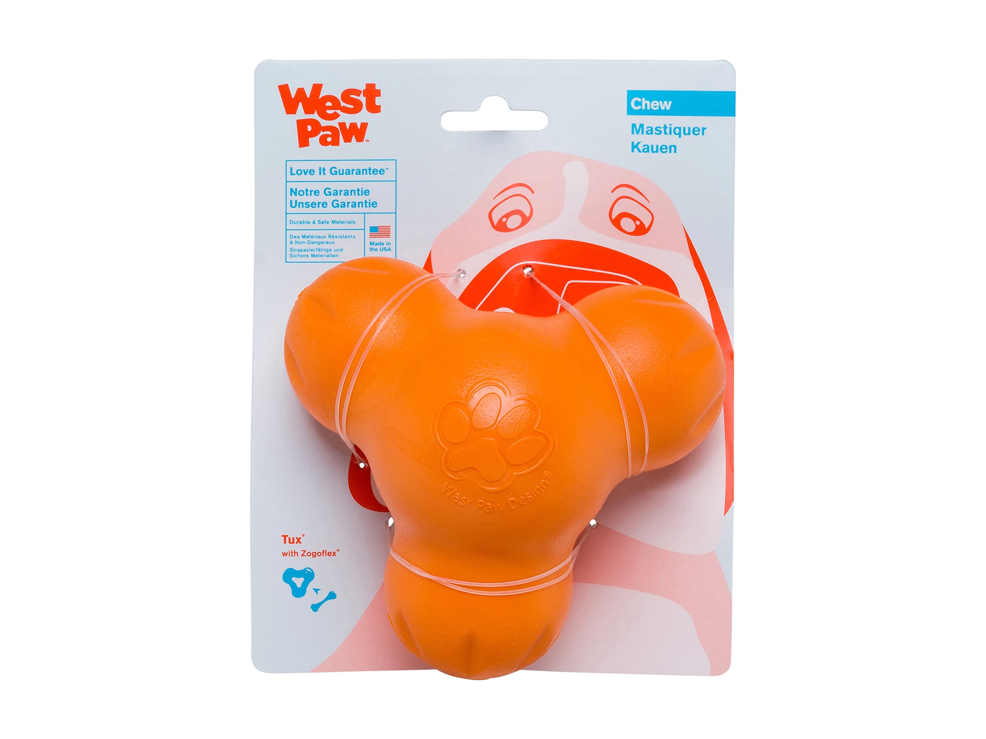 Tux has stood the test of time, and up to some fearsome fangs as West Paw's toughest toy. Dogs love to chew on it, especially when stuffed full of their favorite snacks. Tux is fun to toss, and dogs love its unpredictable bounce during a game of fetch.