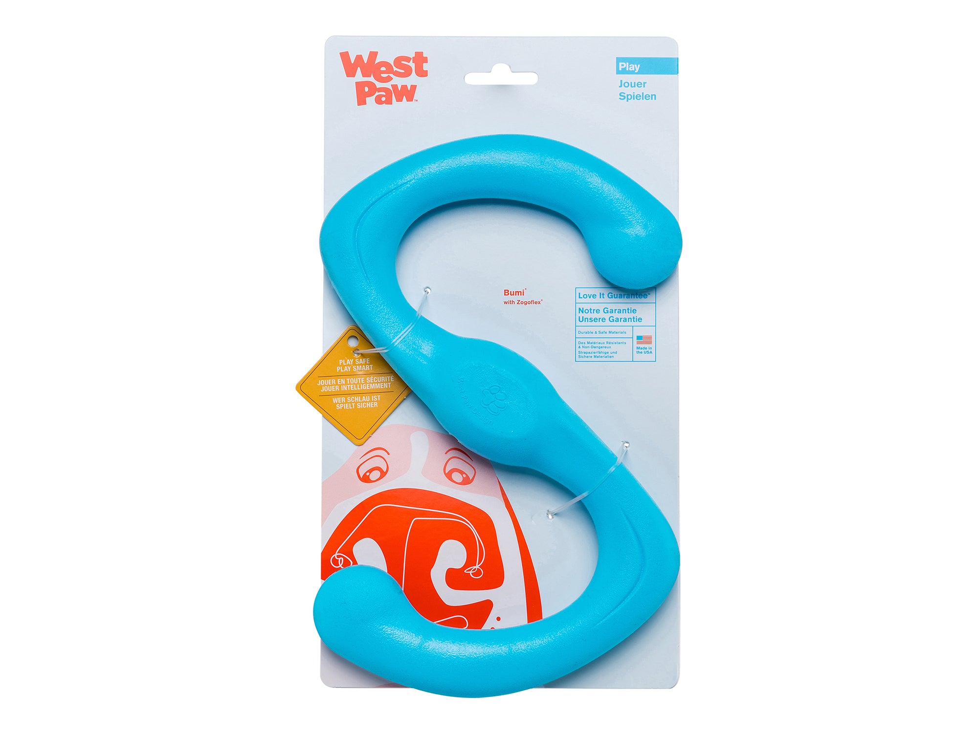 Fetch, tug, run, and repeat. This toy was designed for active play. Bumi is an S-shaped toy that flexes to twice its length during a game of tug-o-war. The smart design and light weight allow it to fly far, making it great for fetch or flinging.