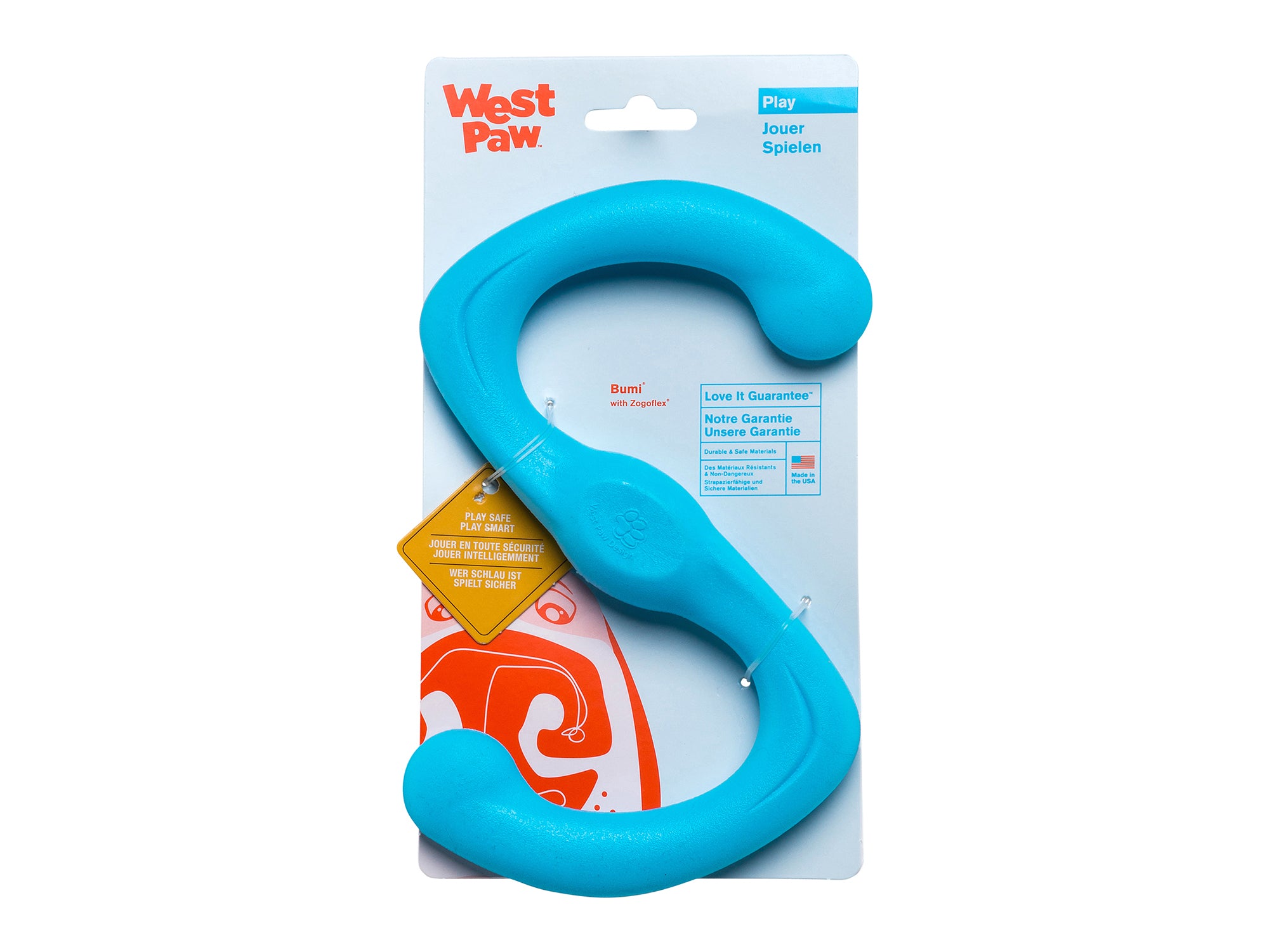 Fetch, tug, run, and repeat. This toy was designed for active play. Bumi is an S-shaped toy that flexes to twice its length during a game of tug-o-war. The smart design and light weight allow it to fly far, making it great for fetch or flinging.