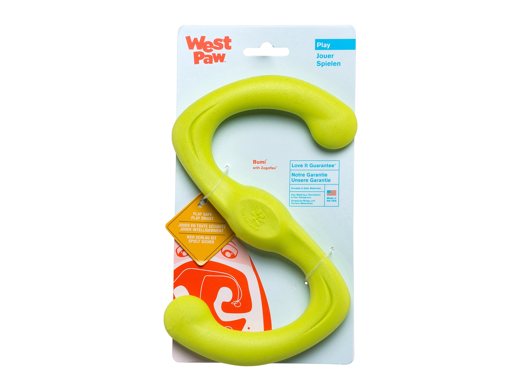 Fetch, tug, run, and repeat. This toy was designed for active play. Bumi is an S-shaped toy that flexes to twice its length during a game of tug-o-war. The smart design and light weight allow it to fly far, making it great for fetch or flinging.