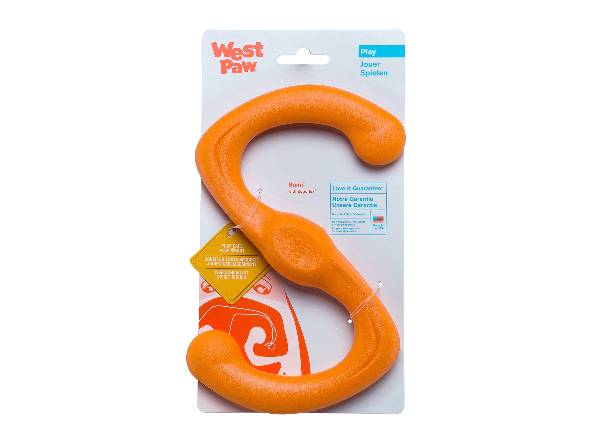 Fetch, tug, run, and repeat. This toy was designed for active play. Bumi is an S-shaped toy that flexes to twice its length during a game of tug-o-war. The smart design and light weight allow it to fly far, making it great for fetch or flinging.