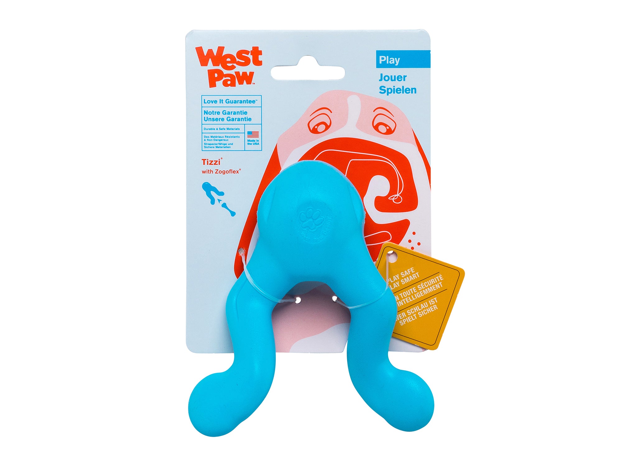 Tizzi is a cleverly designed treat toy that has multiple functions. Stuff the compartment with treats, and twist the handles together to keep your dog working to release the treats. The unique shape makes Tizzi fun to tug, shake, or fetch. The aerodynamic shape allows it fly further than typical treat toys.