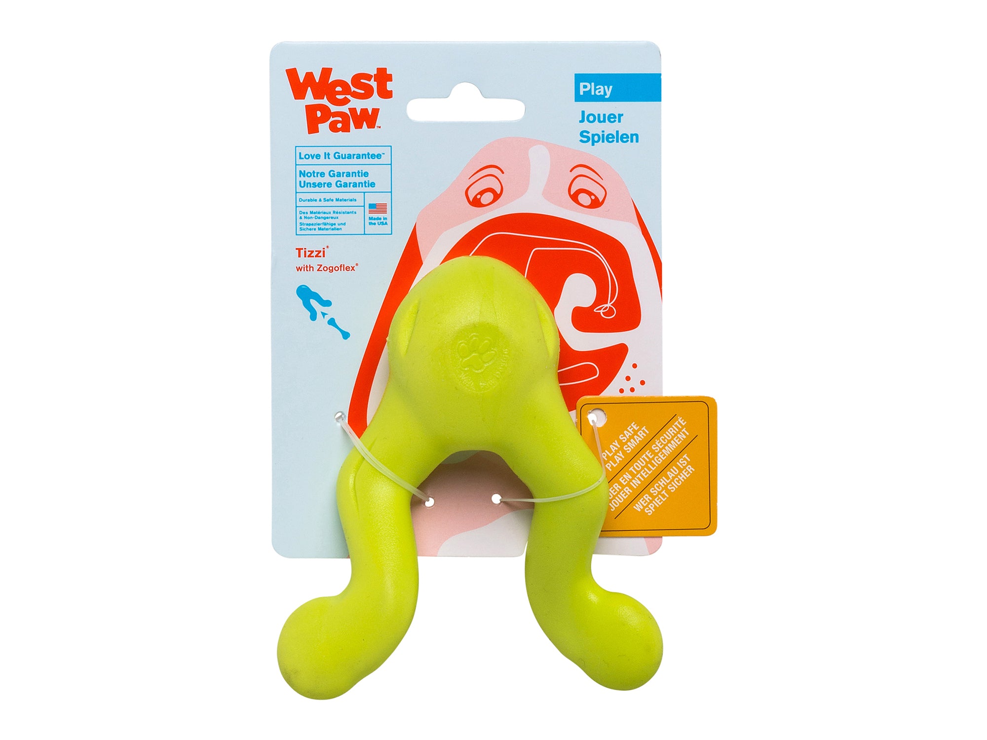 Tizzi is a cleverly designed treat toy that has multiple functions. Stuff the compartment with treats, and twist the handles together to keep your dog working to release the treats. The unique shape makes Tizzi fun to tug, shake, or fetch. The aerodynamic shape allows it fly further than typical treat toys.