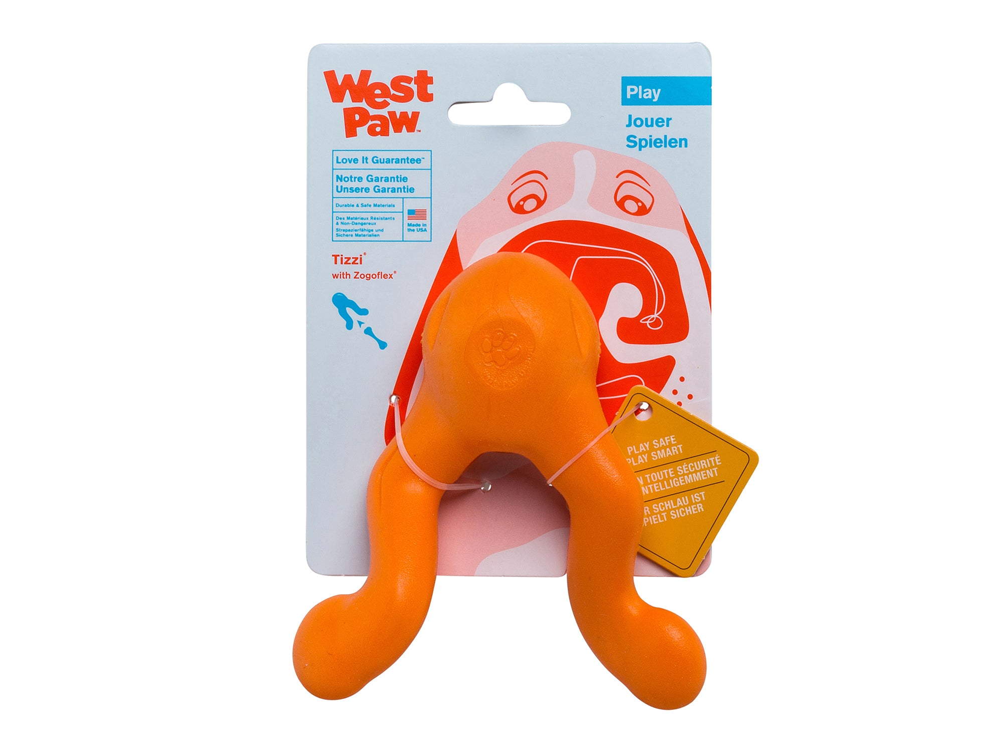 Tizzi is a cleverly designed treat toy that has multiple functions. Stuff the compartment with treats, and twist the handles together to keep your dog working to release the treats. The unique shape makes Tizzi fun to tug, shake, or fetch. The aerodynamic shape allows it fly further than typical treat toys.