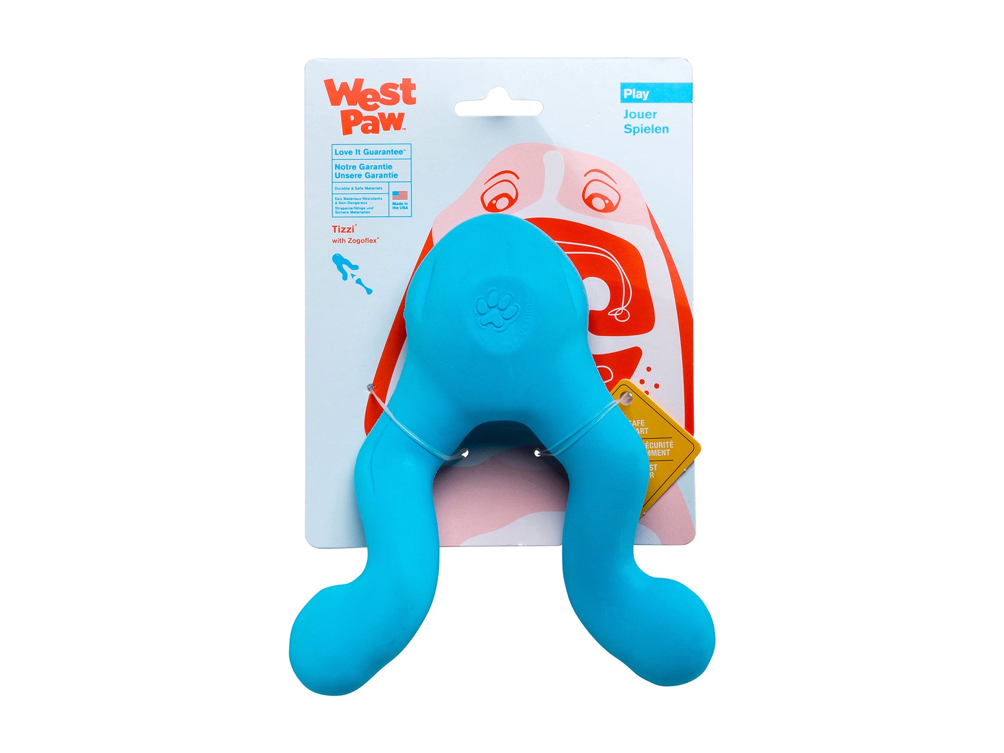 Tizzi is a cleverly designed treat toy that has multiple functions. Stuff the compartment with treats, and twist the handles together to keep your dog working to release the treats. The unique shape makes Tizzi fun to tug, shake, or fetch. The aerodynamic shape allows it fly further than typical treat toys.