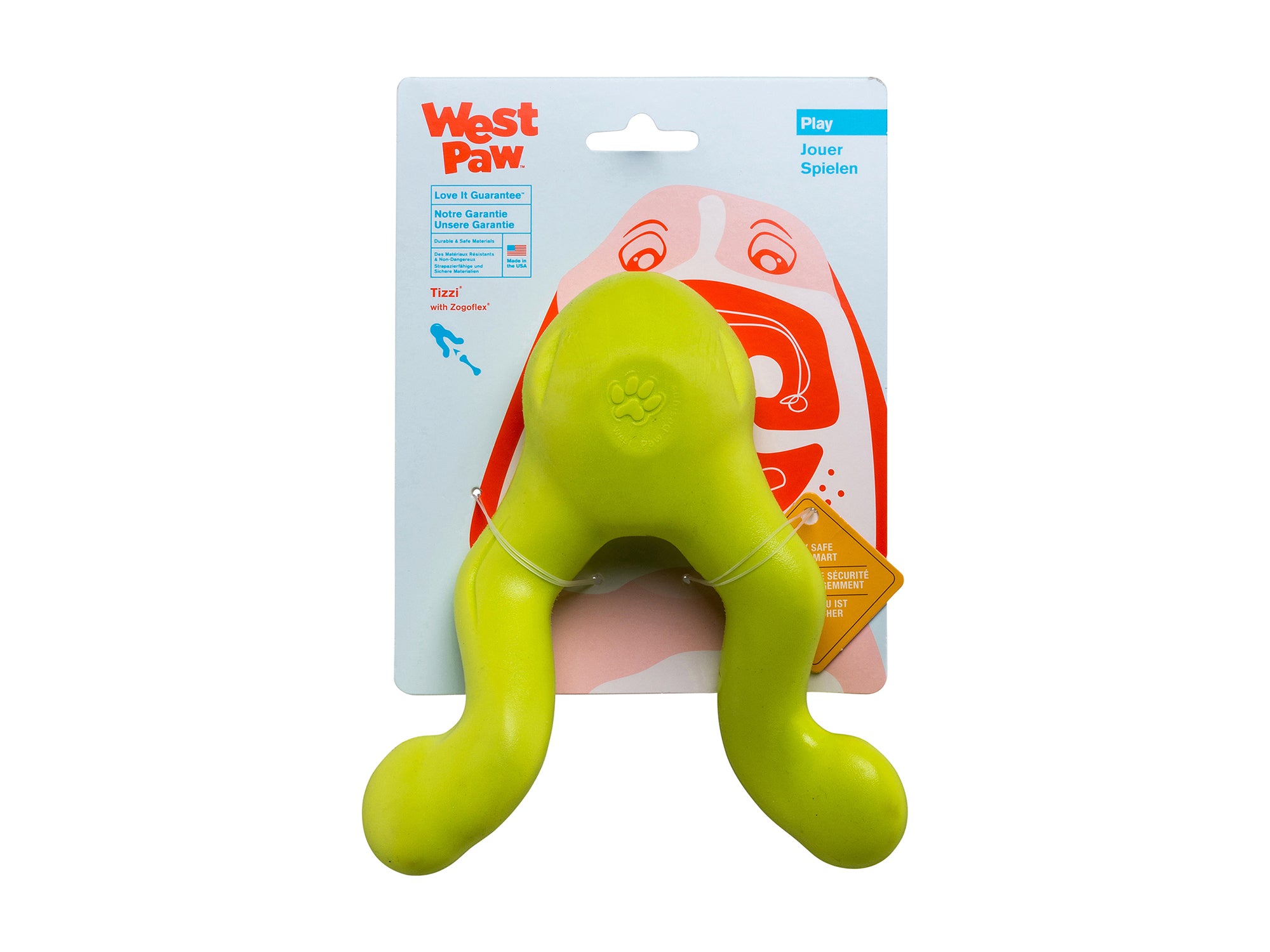 Tizzi is a cleverly designed treat toy that has multiple functions. Stuff the compartment with treats, and twist the handles together to keep your dog working to release the treats. The unique shape makes Tizzi fun to tug, shake, or fetch. The aerodynamic shape allows it fly further than typical treat toys.