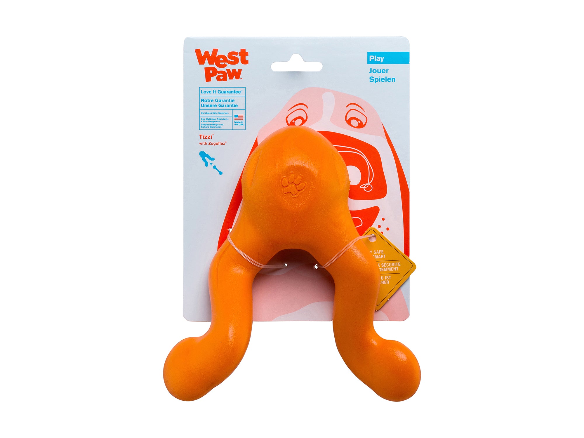 Tizzi is a cleverly designed treat toy that has multiple functions. Stuff the compartment with treats, and twist the handles together to keep your dog working to release the treats. The unique shape makes Tizzi fun to tug, shake, or fetch. The aerodynamic shape allows it fly further than typical treat toys.