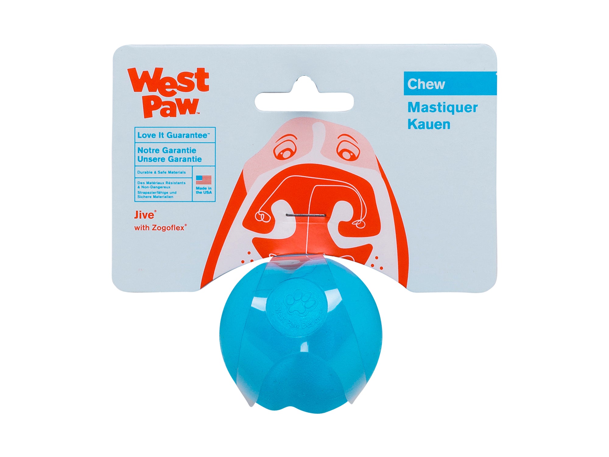 Jive is the toughest of all the West Paw Zogoflex toys. Its erratic bounce makes it fun to fetch and the bright colors make it easy to retrieve in any outdoor situation. The medium size Jive fits in a standard ball thrower.