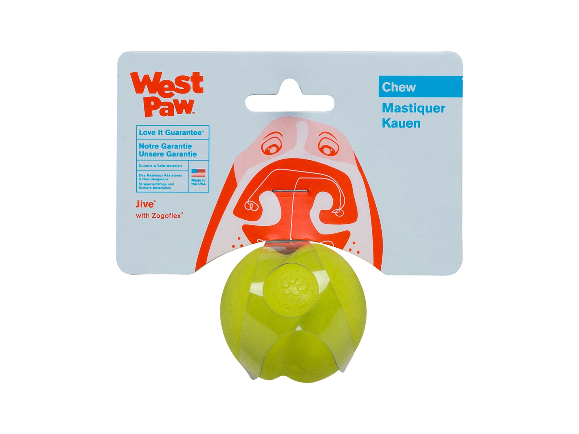 Jive is the toughest of all the West Paw Zogoflex toys. Its erratic bounce makes it fun to fetch and the bright colors make it easy to retrieve in any outdoor situation. The medium size Jive fits in a standard ball thrower.