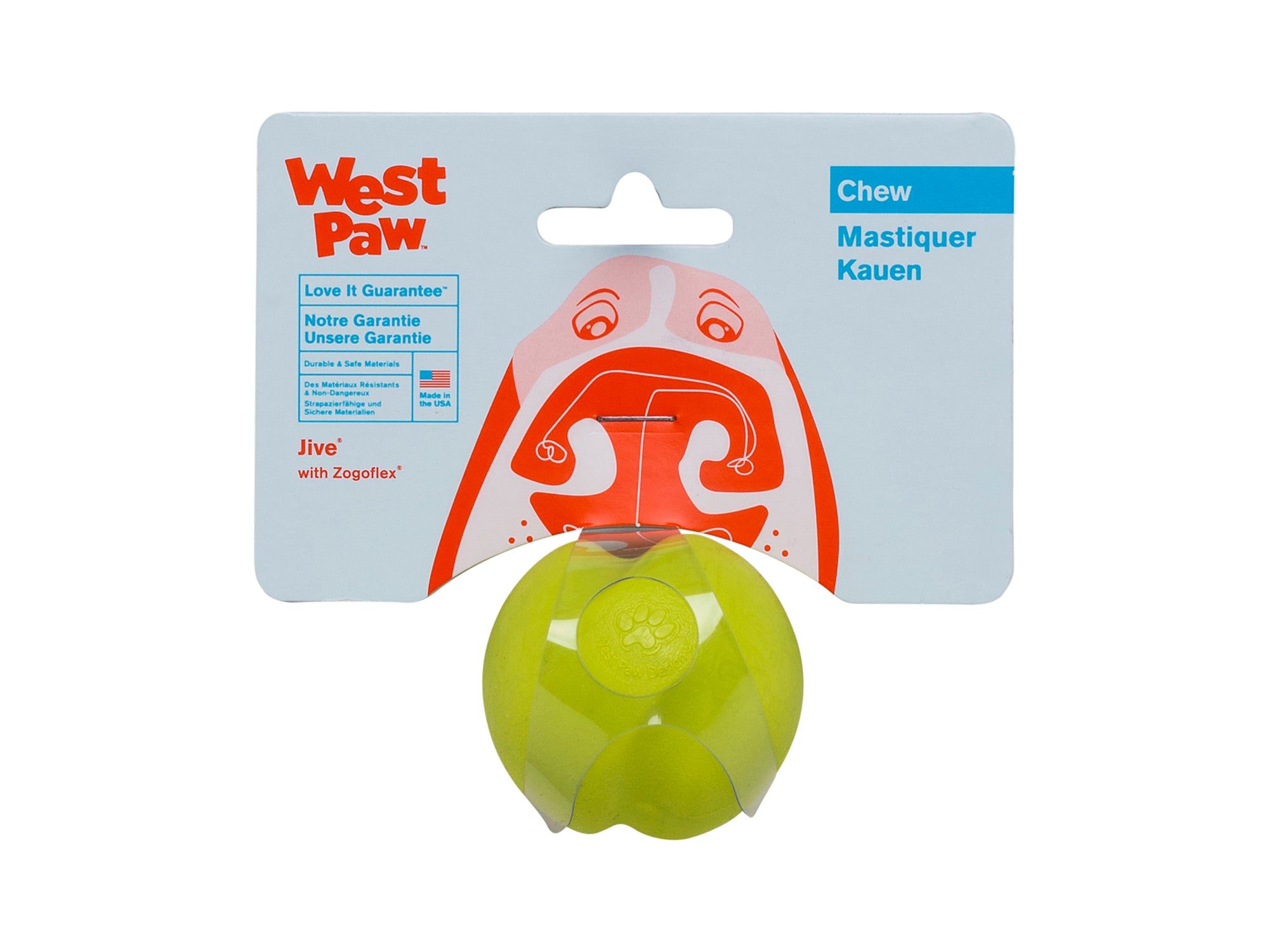 Jive is the toughest of all the West Paw Zogoflex toys. Its erratic bounce makes it fun to fetch and the bright colors make it easy to retrieve in any outdoor situation. The medium size Jive fits in a standard ball thrower.