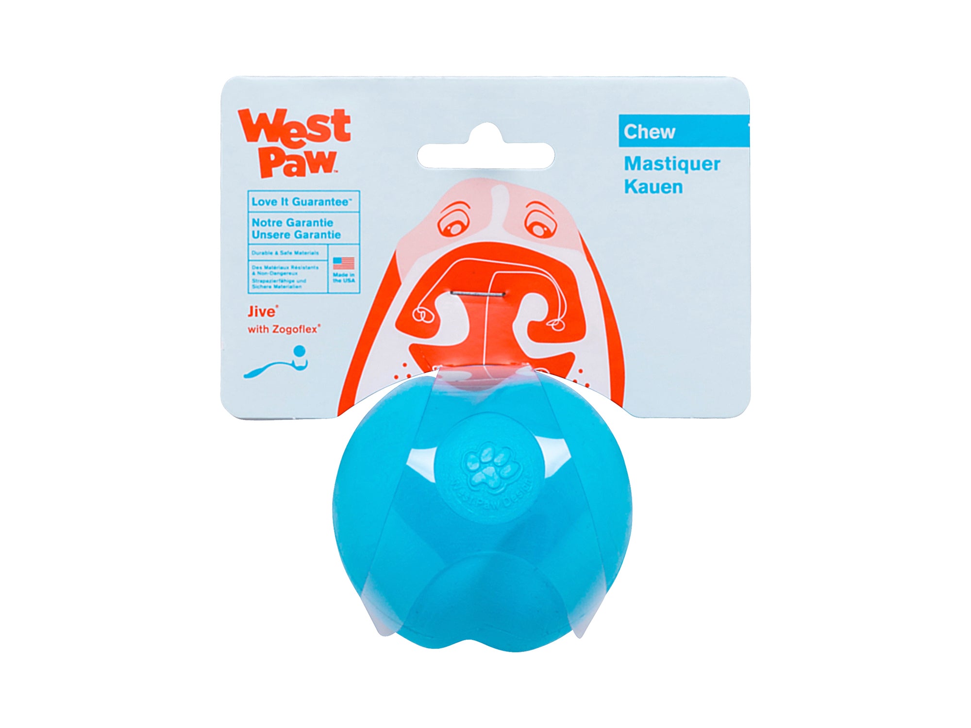 Jive is the toughest of all the West Paw Zogoflex toys. Its erratic bounce makes it fun to fetch and the bright colors make it easy to retrieve in any outdoor situation. The medium size Jive fits in a standard ball thrower.