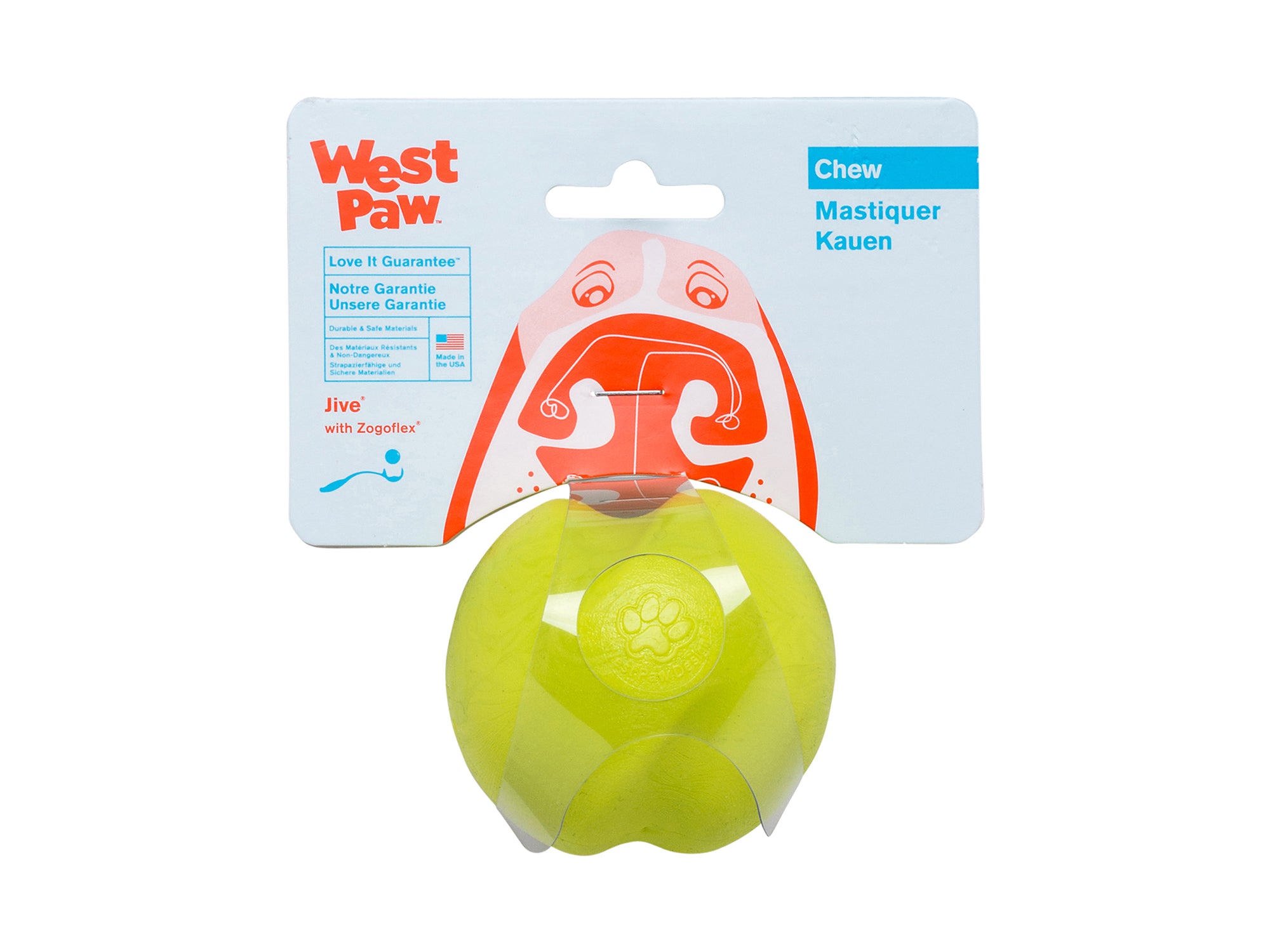 Jive is the toughest of all the West Paw Zogoflex toys. Its erratic bounce makes it fun to fetch and the bright colors make it easy to retrieve in any outdoor situation. The medium size Jive fits in a standard ball thrower.