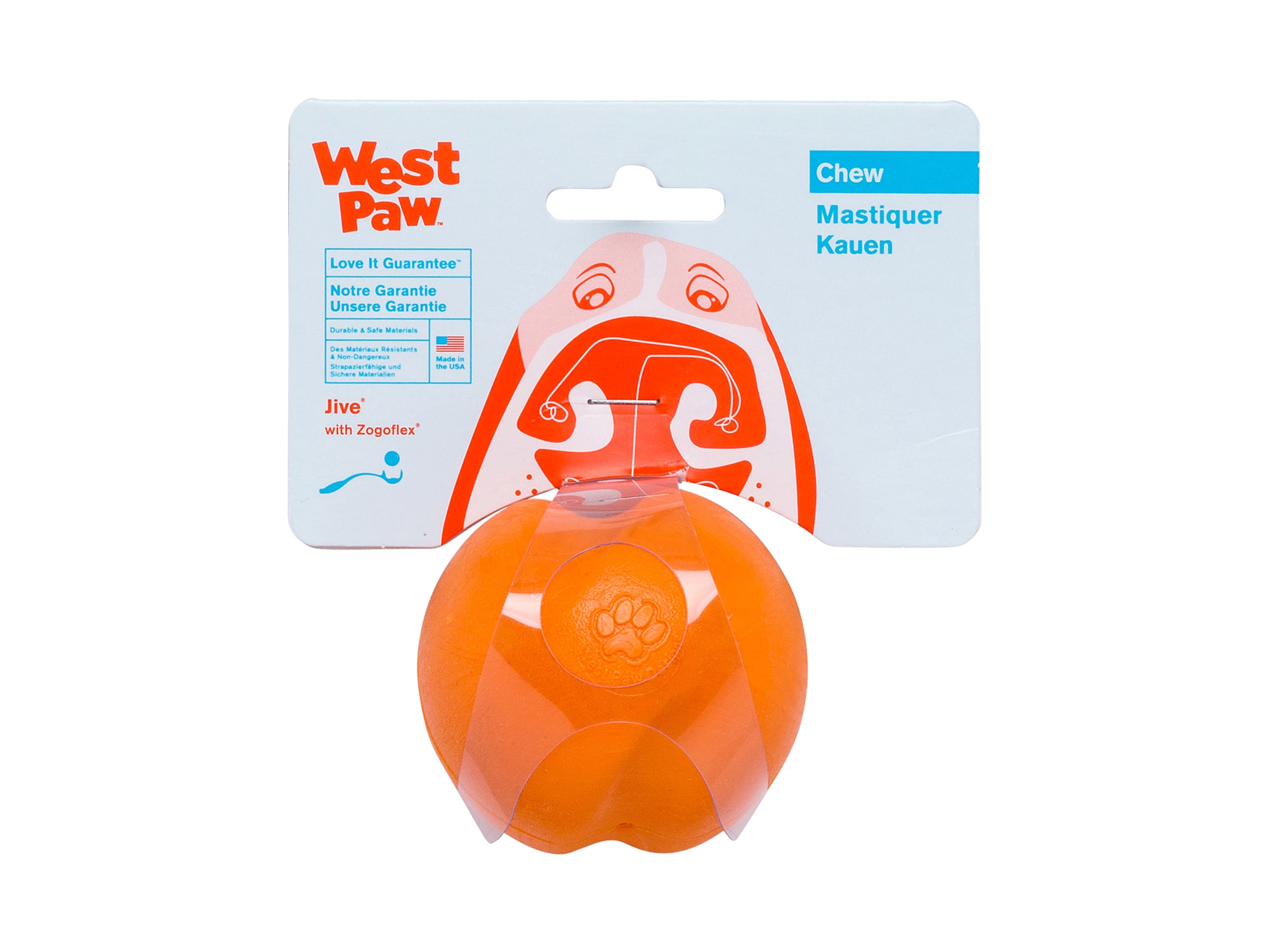 Jive is the toughest of all the West Paw Zogoflex toys. Its erratic bounce makes it fun to fetch and the bright colors make it easy to retrieve in any outdoor situation. The medium size Jive fits in a standard ball thrower.